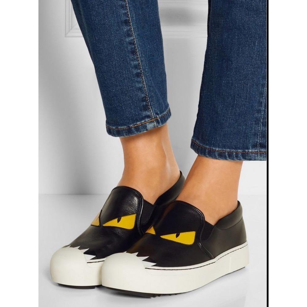 Fendi Monster Bag Bug Black Leather Slip On Sneakers 8E5110 Size 38.5 Italy